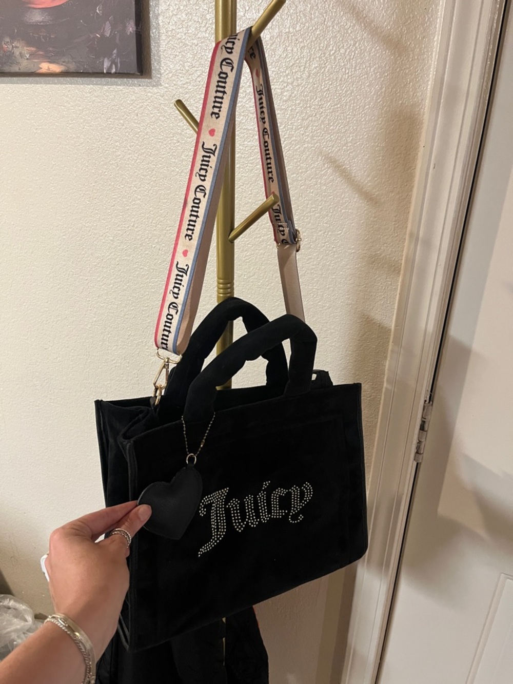 Juicy Couture Black Velvet Tote with Pink Printed Shoulder Strap